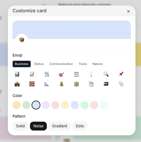 Customize card dialog with emoji, color, and pattern controls