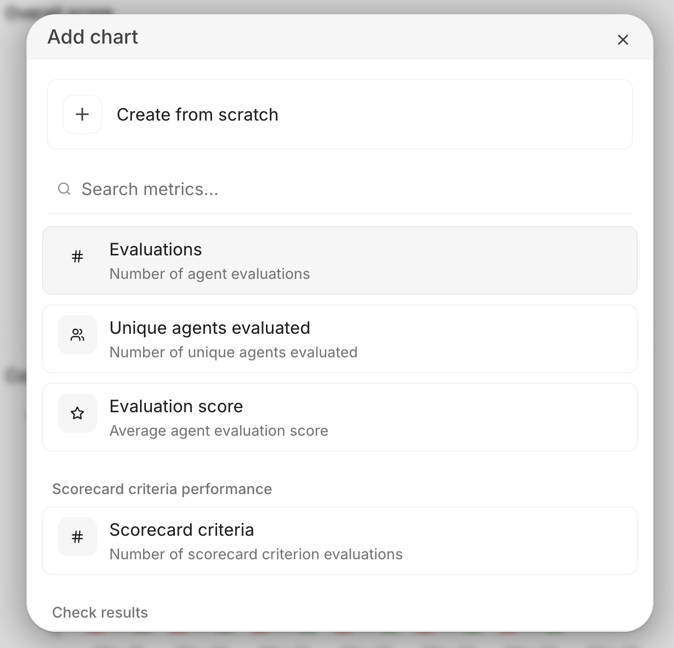 Add chart dialog showing searchable metric cards